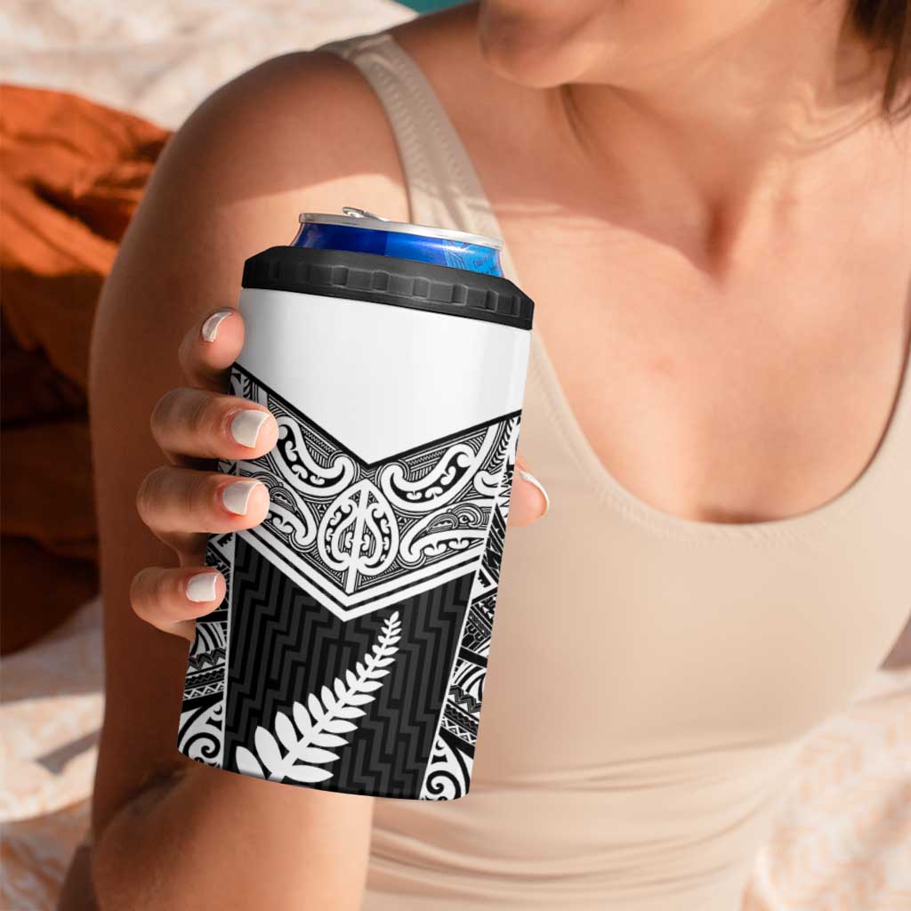New Zealand Black Fern Custom 4 in 1 Can Cooler Tumbler Maori Tukutuku Black-white Motif LT9 - Polynesian Pride
