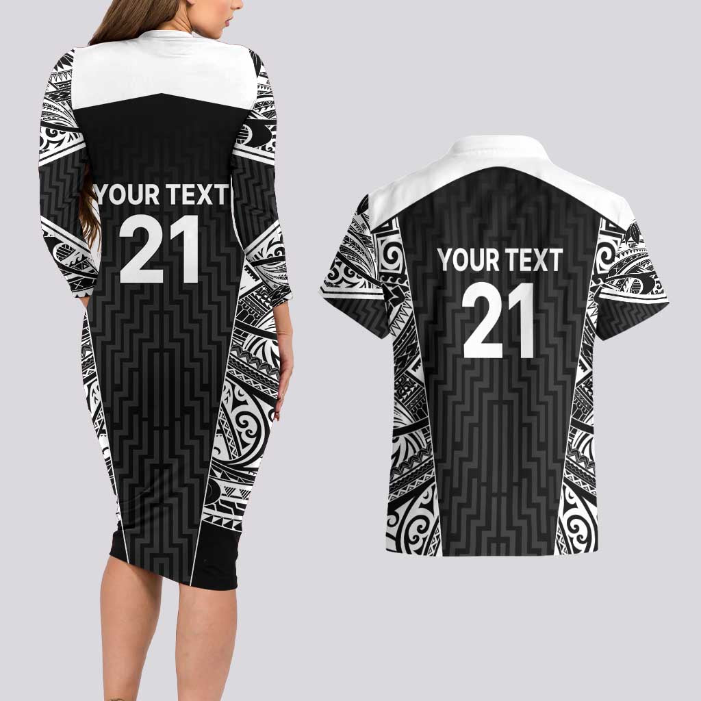 New Zealand Black Fern Custom Couples Matching Long Sleeve Bodycon Dress and Hawaiian Shirt Maori Tukutuku Black-white Motif LT9 - Polynesian Pride