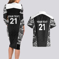 New Zealand Black Fern Custom Couples Matching Long Sleeve Bodycon Dress and Hawaiian Shirt Maori Tukutuku Black-white Motif LT9 - Polynesian Pride