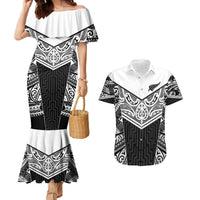 New Zealand Black Fern Custom Couples Matching Mermaid Dress and Hawaiian Shirt Maori Tukutuku Black-white Motif LT9 White - Polynesian Pride