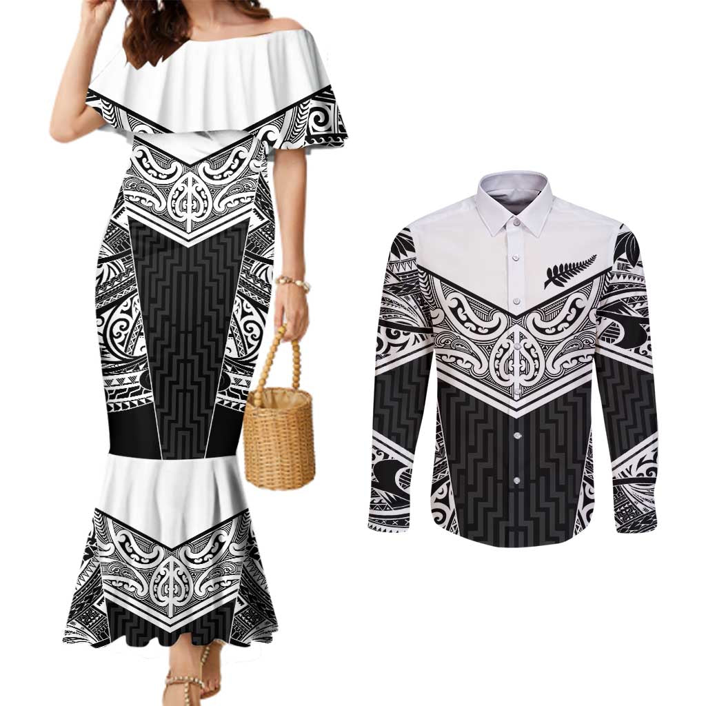 New Zealand Black Fern Custom Couples Matching Mermaid Dress and Long Sleeve Button Shirt Maori Tukutuku Black-white Motif LT9 White - Polynesian Pride