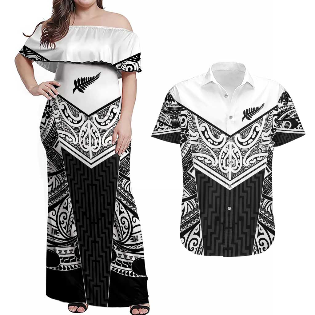 New Zealand Black Fern Custom Couples Matching Off Shoulder Maxi Dress and Hawaiian Shirt Maori Tukutuku Black-white Motif LT9 White - Polynesian Pride