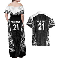 New Zealand Black Fern Custom Couples Matching Off Shoulder Maxi Dress and Hawaiian Shirt Maori Tukutuku Black-white Motif LT9 - Polynesian Pride