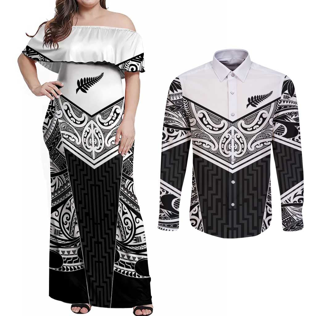 New Zealand Black Fern Custom Couples Matching Off Shoulder Maxi Dress and Long Sleeve Button Shirt Maori Tukutuku Black-white Motif LT9 White - Polynesian Pride
