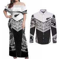 New Zealand Black Fern Custom Couples Matching Off Shoulder Maxi Dress and Long Sleeve Button Shirt Maori Tukutuku Black-white Motif LT9 White - Polynesian Pride