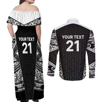 New Zealand Black Fern Custom Couples Matching Off Shoulder Maxi Dress and Long Sleeve Button Shirt Maori Tukutuku Black-white Motif LT9 - Polynesian Pride