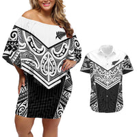 New Zealand Black Fern Custom Couples Matching Off Shoulder Short Dress and Hawaiian Shirt Maori Tukutuku Black-white Motif LT9 White - Polynesian Pride