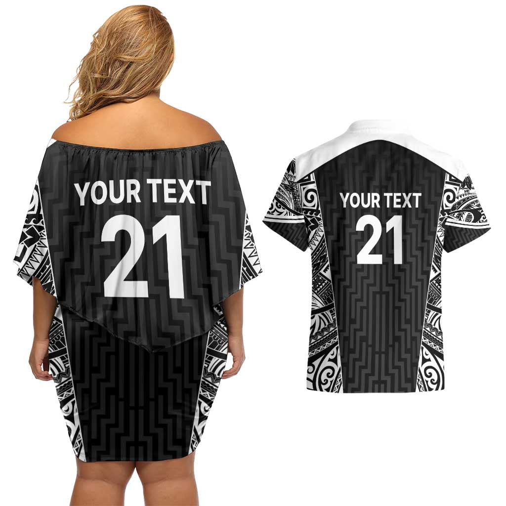 New Zealand Black Fern Custom Couples Matching Off Shoulder Short Dress and Hawaiian Shirt Maori Tukutuku Black-white Motif LT9 - Polynesian Pride