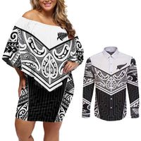 New Zealand Black Fern Custom Couples Matching Off Shoulder Short Dress and Long Sleeve Button Shirt Maori Tukutuku Black-white Motif LT9 White - Polynesian Pride