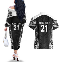New Zealand Black Fern Custom Couples Matching Off The Shoulder Long Sleeve Dress and Hawaiian Shirt Maori Tukutuku Black-white Motif LT9 - Polynesian Pride