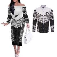 New Zealand Black Fern Custom Couples Matching Off The Shoulder Long Sleeve Dress and Long Sleeve Button Shirt Maori Tukutuku Black-white Motif LT9 White - Polynesian Pride