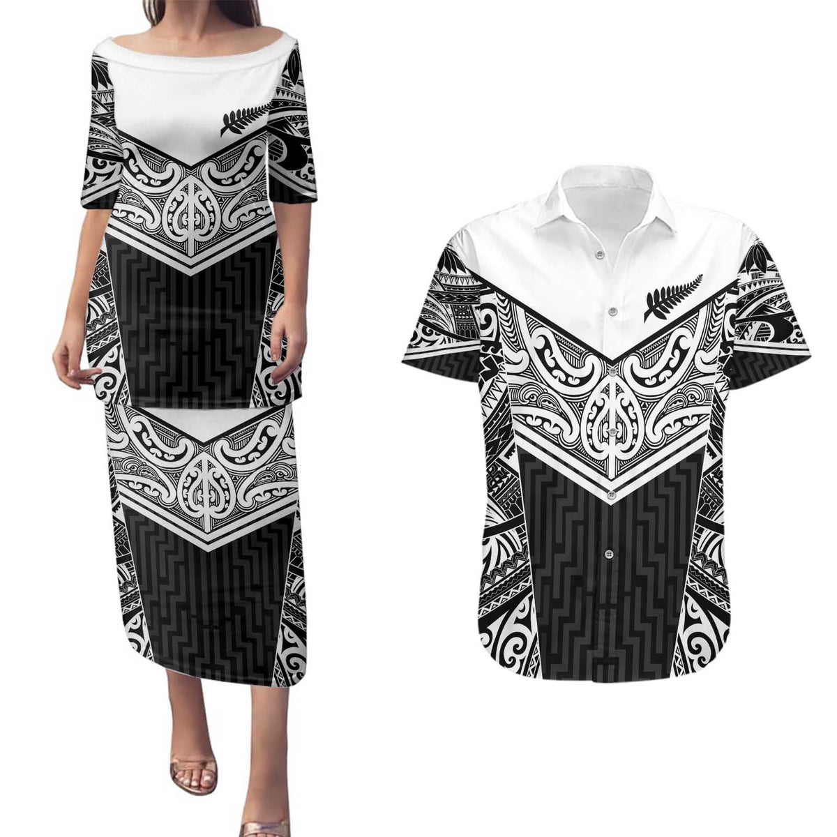 New Zealand Black Fern Custom Couples Matching Puletasi and Hawaiian Shirt Maori Tukutuku Black-white Motif LT9 White - Polynesian Pride
