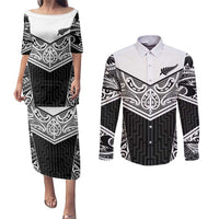 New Zealand Black Fern Custom Couples Matching Puletasi and Long Sleeve Button Shirt Maori Tukutuku Black-white Motif LT9 White - Polynesian Pride