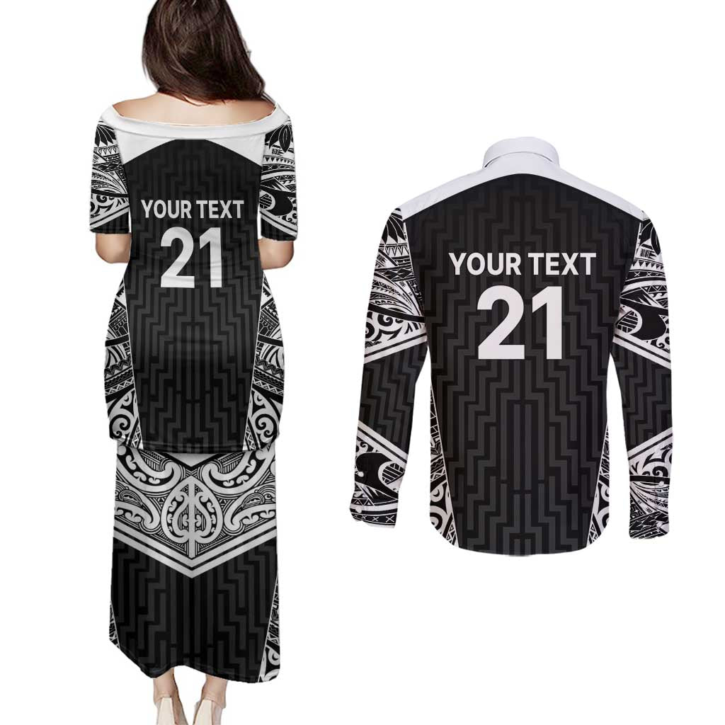 New Zealand Black Fern Custom Couples Matching Puletasi and Long Sleeve Button Shirt Maori Tukutuku Black-white Motif LT9 - Polynesian Pride