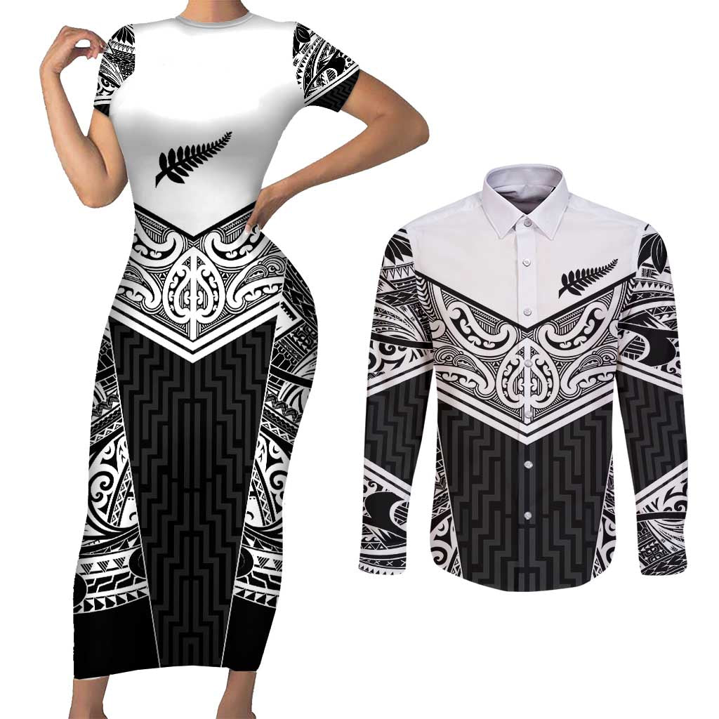 New Zealand Black Fern Custom Couples Matching Short Sleeve Bodycon Dress and Long Sleeve Button Shirt Maori Tukutuku Black-white Motif LT9 White - Polynesian Pride