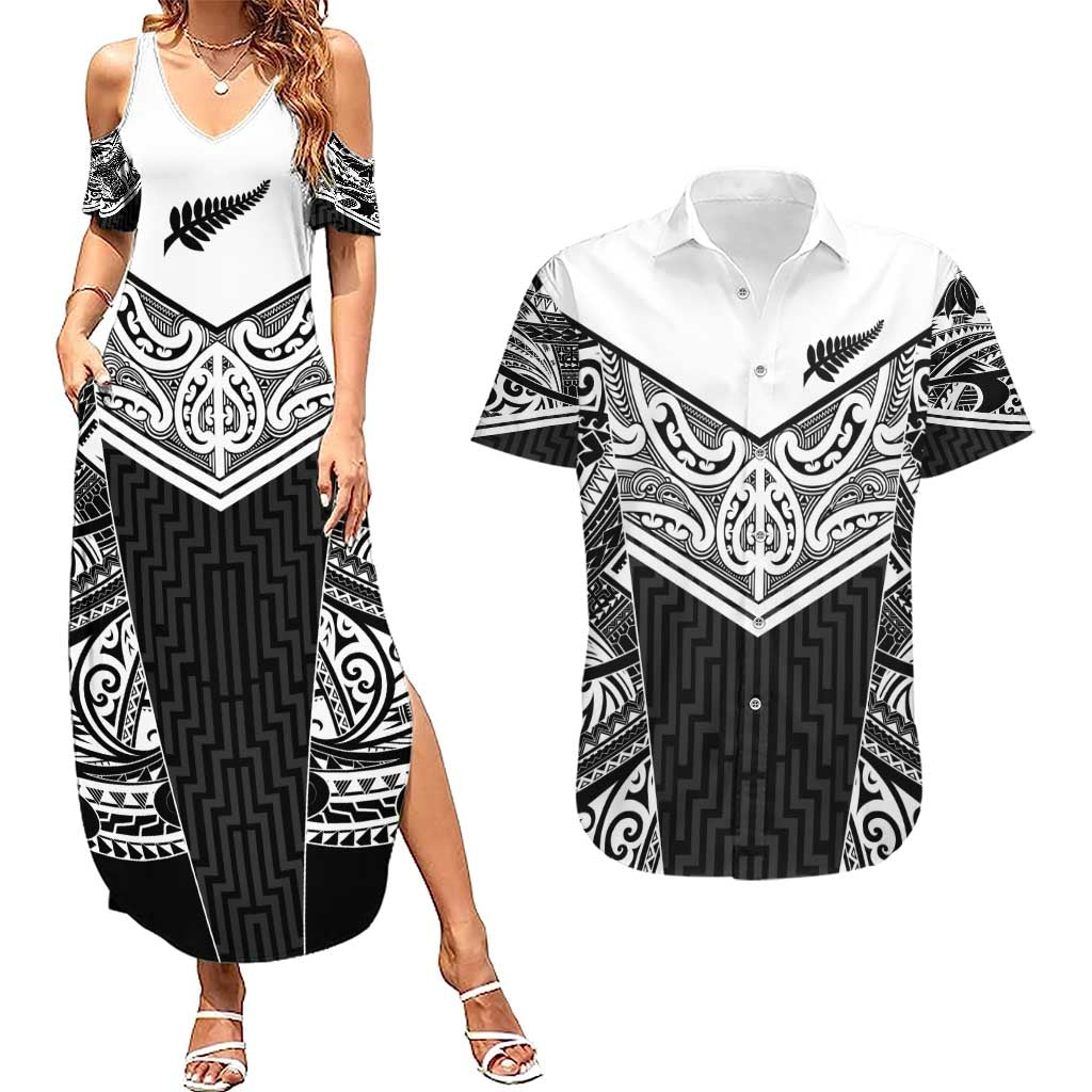 New Zealand Black Fern Custom Couples Matching Summer Maxi Dress and Hawaiian Shirt Maori Tukutuku Black-white Motif LT9 White - Polynesian Pride