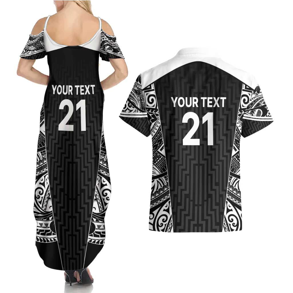 New Zealand Black Fern Custom Couples Matching Summer Maxi Dress and Hawaiian Shirt Maori Tukutuku Black-white Motif LT9 - Polynesian Pride