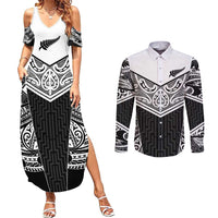 New Zealand Black Fern Custom Couples Matching Summer Maxi Dress and Long Sleeve Button Shirt Maori Tukutuku Black-white Motif LT9 White - Polynesian Pride