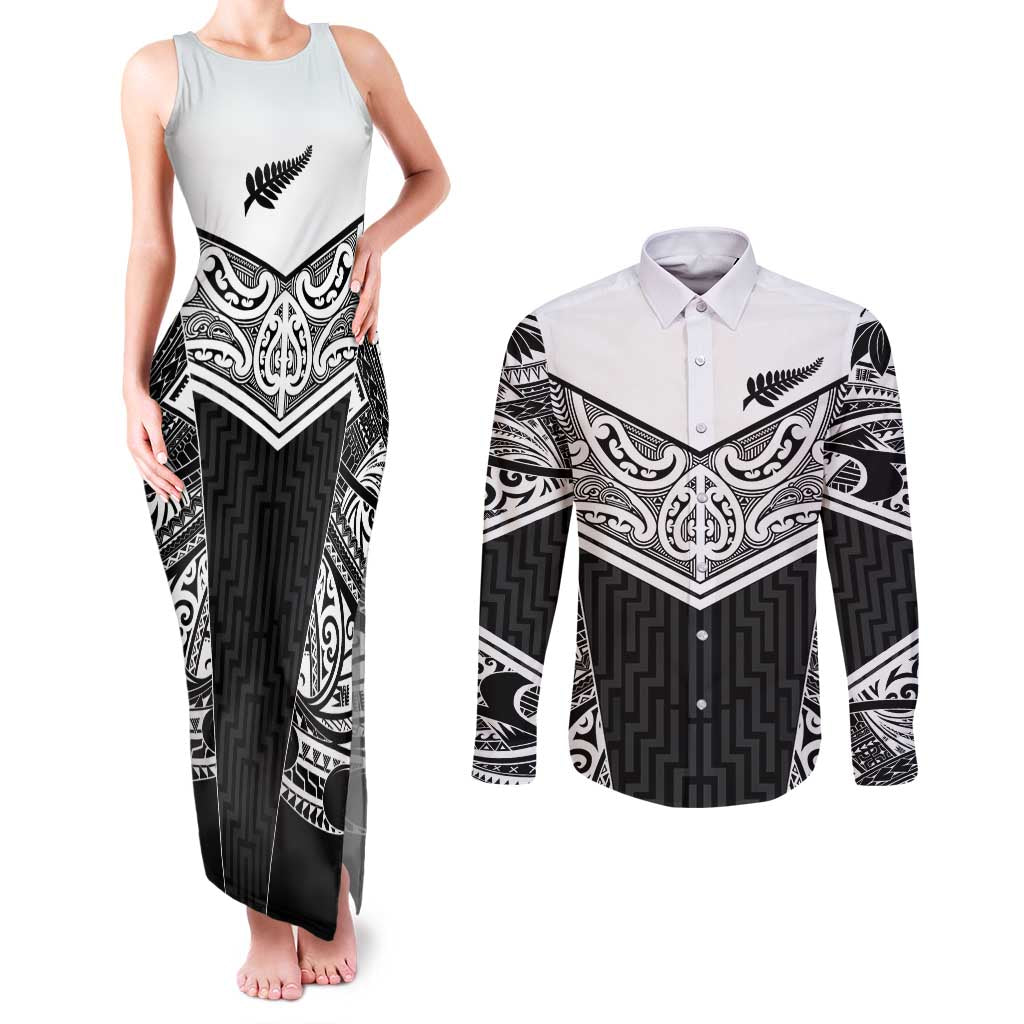 New Zealand Black Fern Custom Couples Matching Tank Maxi Dress and Long Sleeve Button Shirt Maori Tukutuku Black-white Motif LT9 White - Polynesian Pride