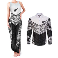 New Zealand Black Fern Custom Couples Matching Tank Maxi Dress and Long Sleeve Button Shirt Maori Tukutuku Black-white Motif LT9 White - Polynesian Pride