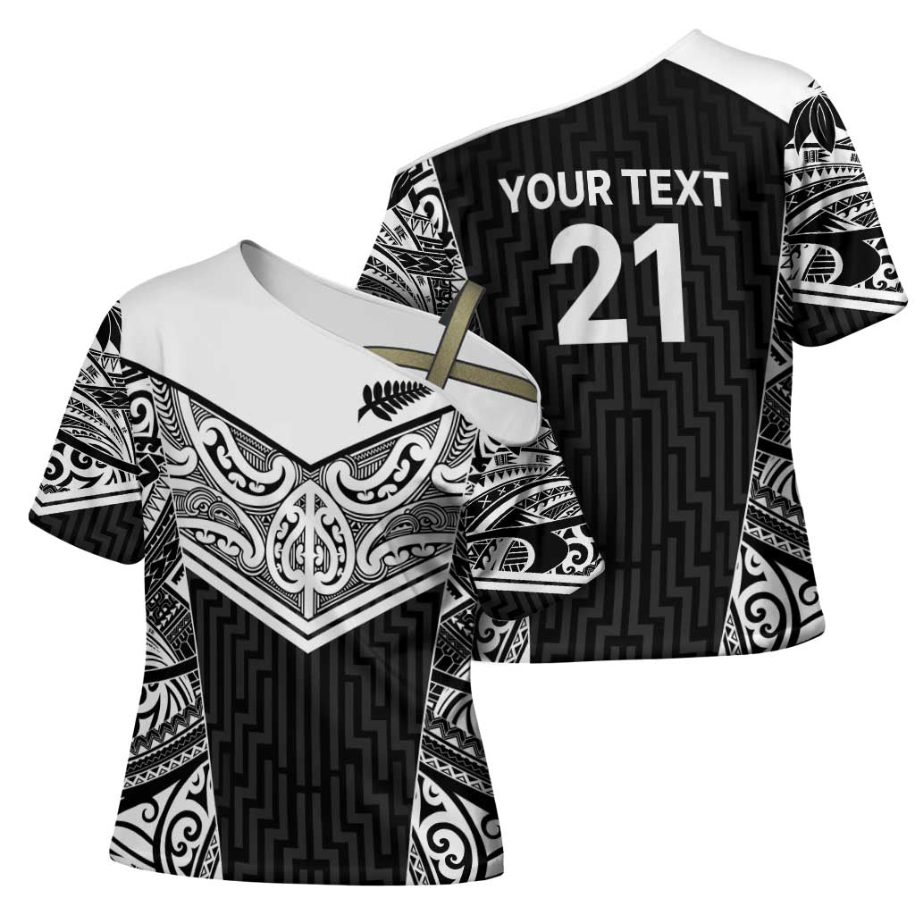 New Zealand Black Fern Custom Cross Shoulder Shirt Maori Tukutuku Black-white Motif LT9 - Polynesian Pride