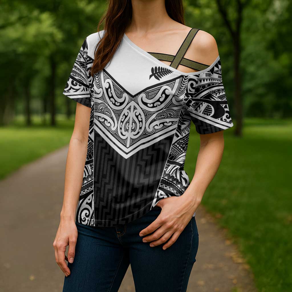 New Zealand Black Fern Custom Cross Shoulder Shirt Maori Tukutuku Black-white Motif LT9 - Polynesian Pride