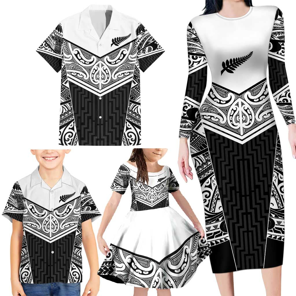 New Zealand Black Fern Custom Family Matching Long Sleeve Bodycon Dress and Hawaiian Shirt Maori Tukutuku Black-white Motif LT9 - Polynesian Pride