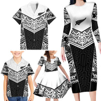 New Zealand Black Fern Custom Family Matching Long Sleeve Bodycon Dress and Hawaiian Shirt Maori Tukutuku Black-white Motif LT9 - Polynesian Pride