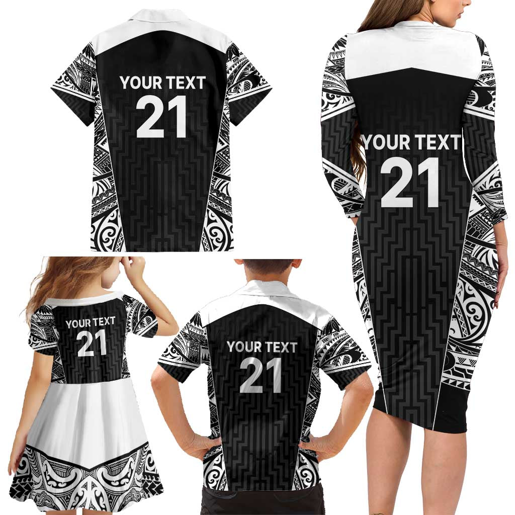 New Zealand Black Fern Custom Family Matching Long Sleeve Bodycon Dress and Hawaiian Shirt Maori Tukutuku Black-white Motif LT9 - Polynesian Pride