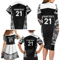 New Zealand Black Fern Custom Family Matching Long Sleeve Bodycon Dress and Hawaiian Shirt Maori Tukutuku Black-white Motif LT9 - Polynesian Pride