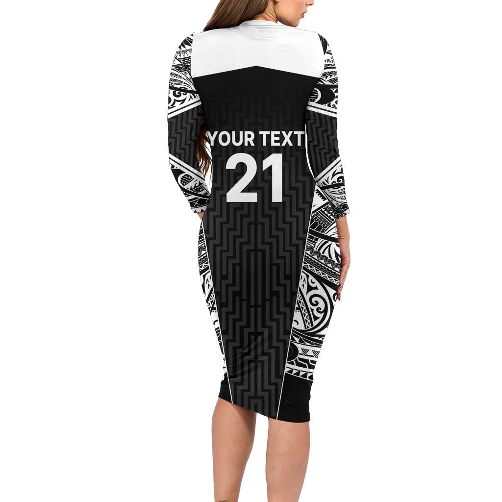 New Zealand Black Fern Custom Family Matching Long Sleeve Bodycon Dress and Hawaiian Shirt Maori Tukutuku Black-white Motif LT9 - Polynesian Pride