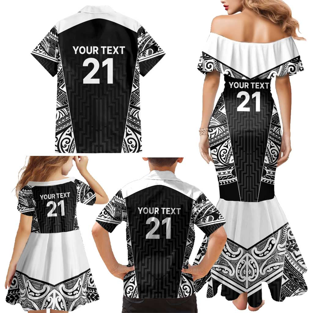 New Zealand Black Fern Custom Family Matching Mermaid Dress and Hawaiian Shirt Maori Tukutuku Black-white Motif LT9 - Polynesian Pride