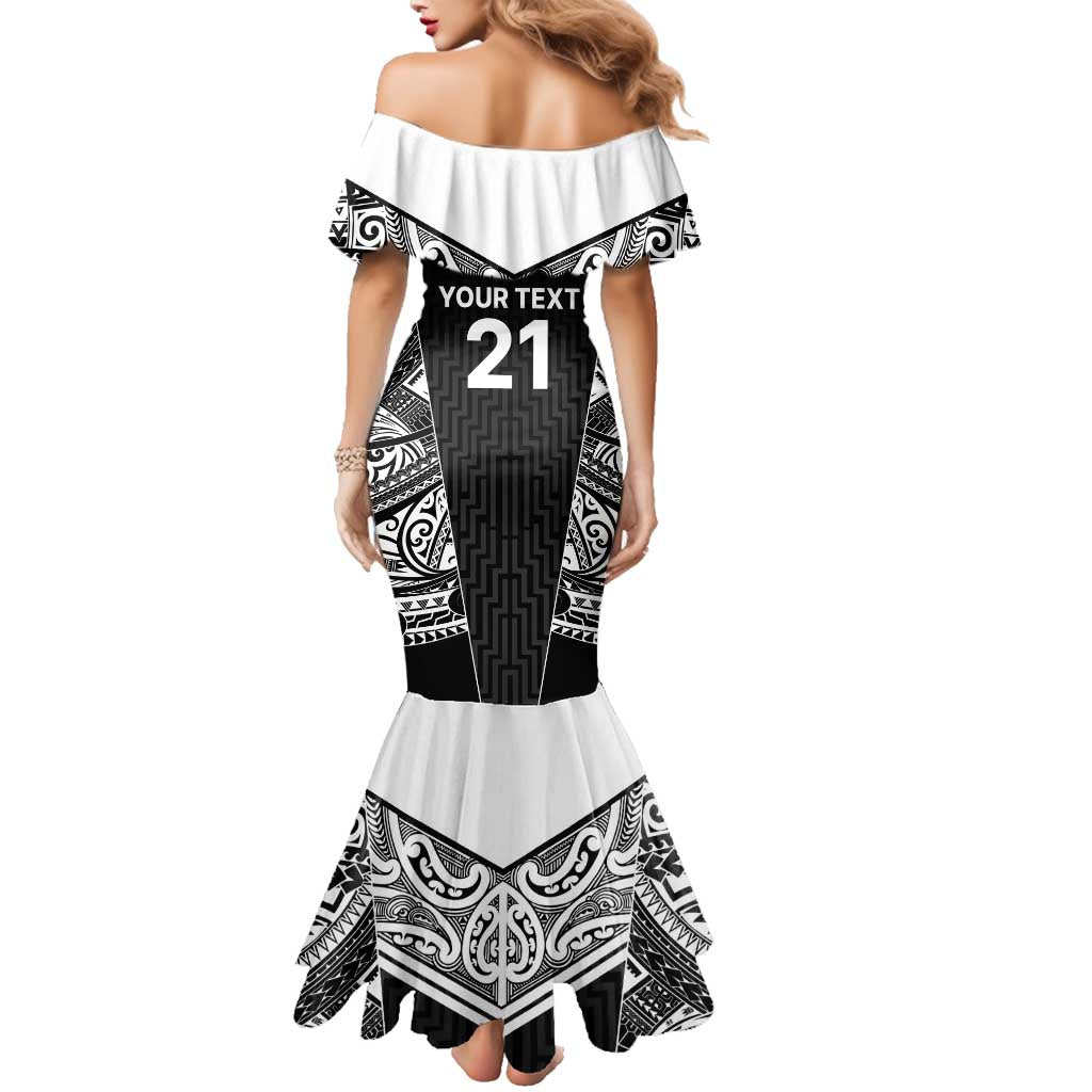 New Zealand Black Fern Custom Family Matching Mermaid Dress and Hawaiian Shirt Maori Tukutuku Black-white Motif LT9 - Polynesian Pride