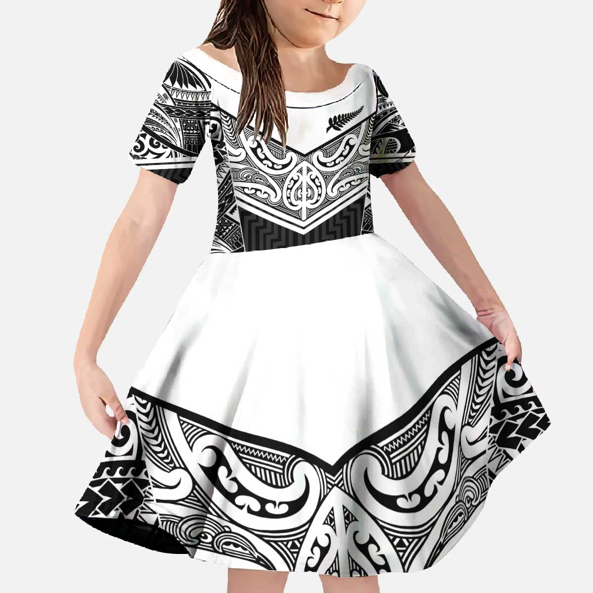 New Zealand Black Fern Custom Family Matching Off The Shoulder Long Sleeve Dress and Hawaiian Shirt Maori Tukutuku Black-white Motif LT9 Daughter's Dress White - Polynesian Pride