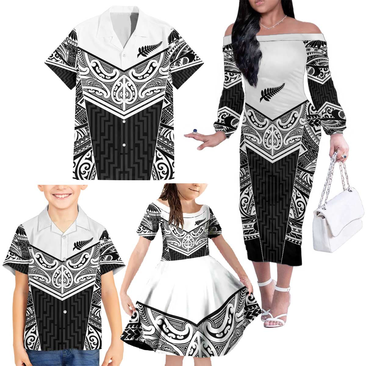 New Zealand Black Fern Custom Family Matching Off The Shoulder Long Sleeve Dress and Hawaiian Shirt Maori Tukutuku Black-white Motif LT9 - Polynesian Pride