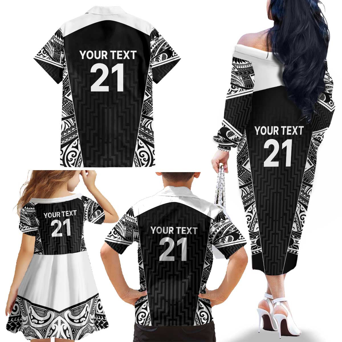 New Zealand Black Fern Custom Family Matching Off The Shoulder Long Sleeve Dress and Hawaiian Shirt Maori Tukutuku Black-white Motif LT9 - Polynesian Pride