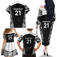 New Zealand Black Fern Custom Family Matching Off The Shoulder Long Sleeve Dress and Hawaiian Shirt Maori Tukutuku Black-white Motif LT9 - Polynesian Pride