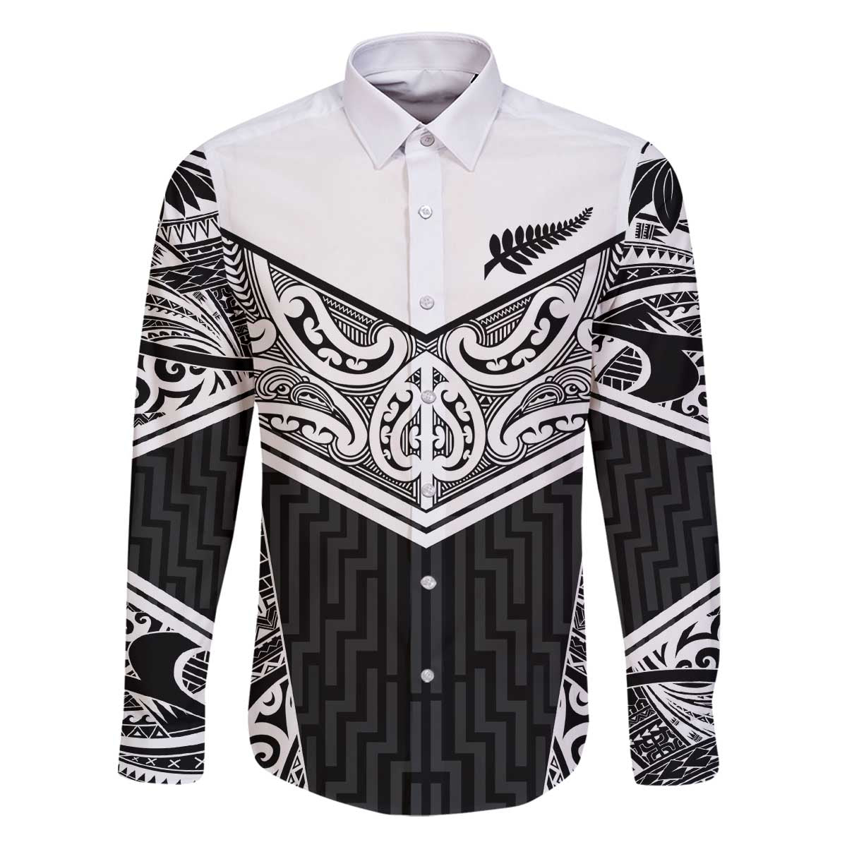 New Zealand Black Fern Custom Family Matching Off The Shoulder Long Sleeve Dress and Hawaiian Shirt Maori Tukutuku Black-white Motif LT9 Dad's Shirt - Long Sleeve White - Polynesian Pride