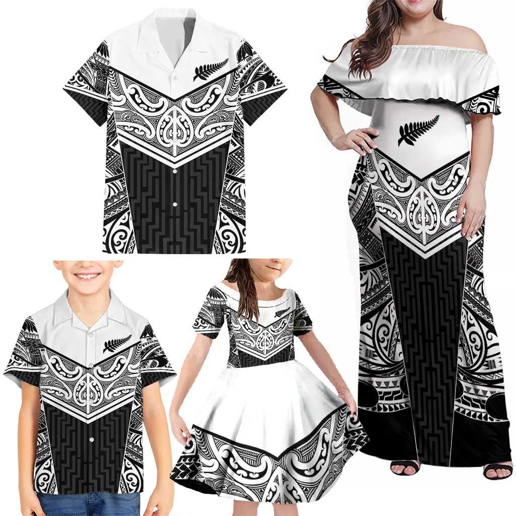 New Zealand Black Fern Custom Family Matching Off Shoulder Maxi Dress and Hawaiian Shirt Maori Tukutuku Black-white Motif LT9 - Polynesian Pride