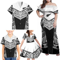 New Zealand Black Fern Custom Family Matching Off Shoulder Maxi Dress and Hawaiian Shirt Maori Tukutuku Black-white Motif LT9 - Polynesian Pride