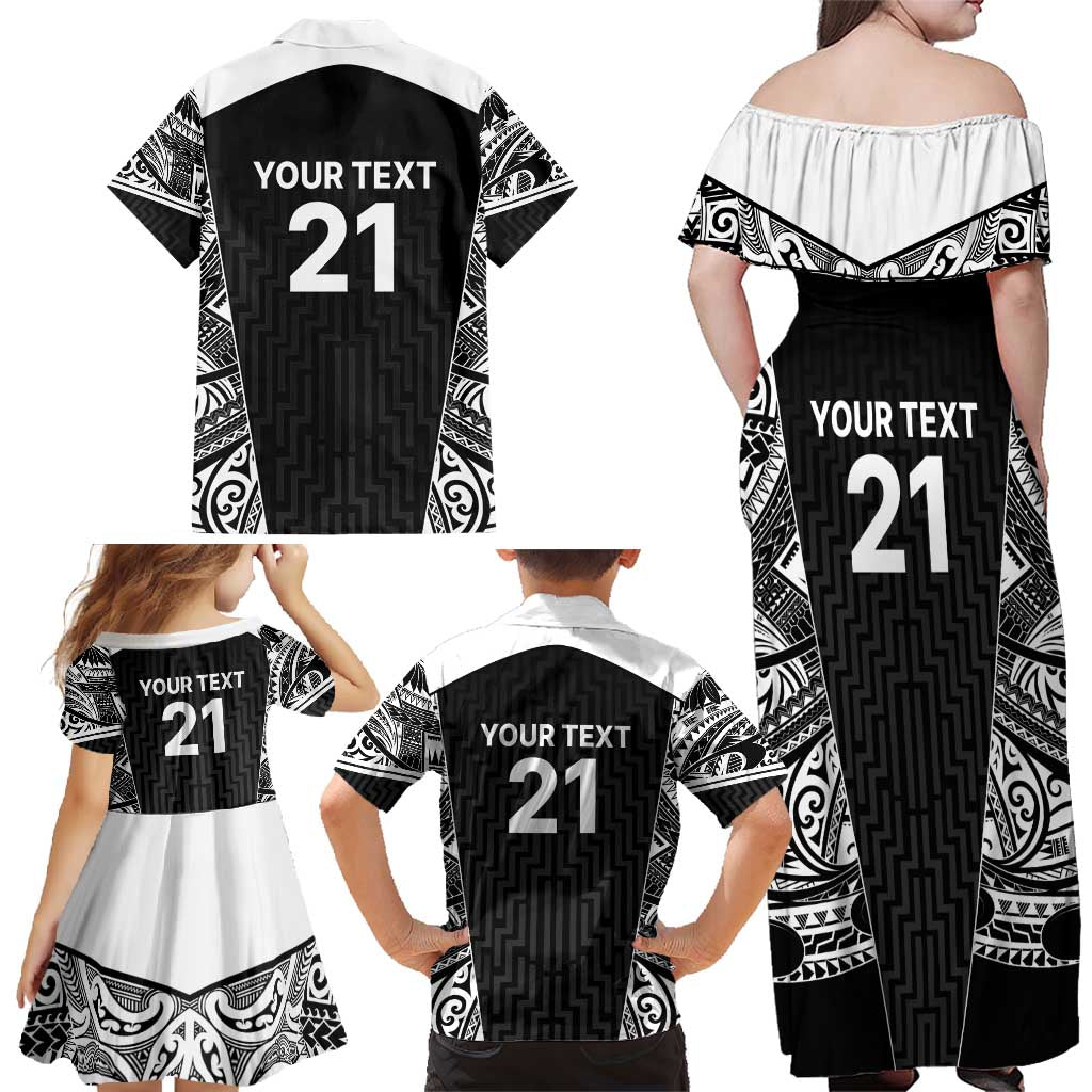 New Zealand Black Fern Custom Family Matching Off Shoulder Maxi Dress and Hawaiian Shirt Maori Tukutuku Black-white Motif LT9 - Polynesian Pride