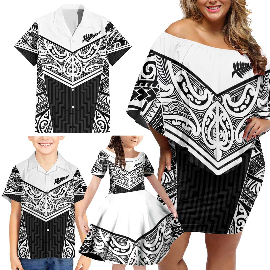 New Zealand Black Fern Custom Family Matching Off Shoulder Short Dress and Hawaiian Shirt Maori Tukutuku Black-white Motif LT9 - Polynesian Pride