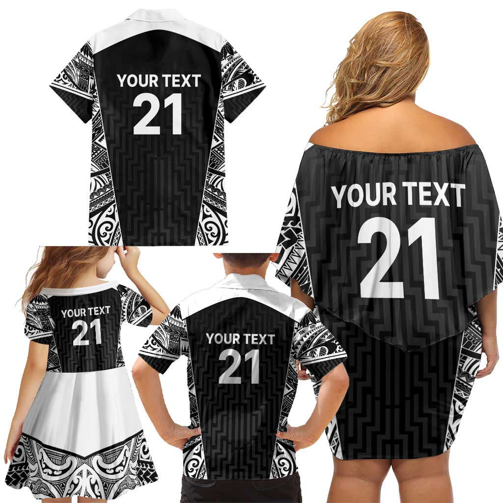New Zealand Black Fern Custom Family Matching Off Shoulder Short Dress and Hawaiian Shirt Maori Tukutuku Black-white Motif LT9 - Polynesian Pride