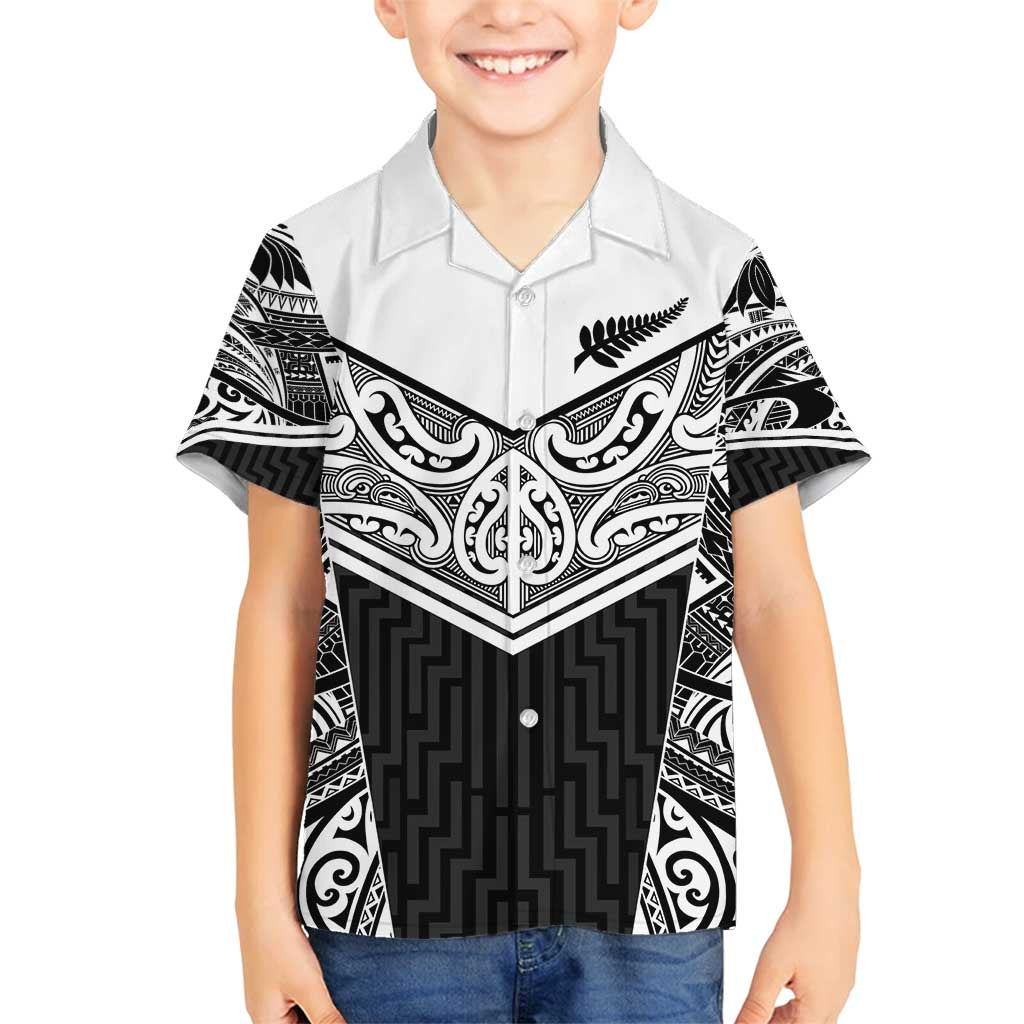 New Zealand Black Fern Custom Family Matching Off Shoulder Short Dress and Hawaiian Shirt Maori Tukutuku Black-white Motif LT9 Son's Shirt White - Polynesian Pride