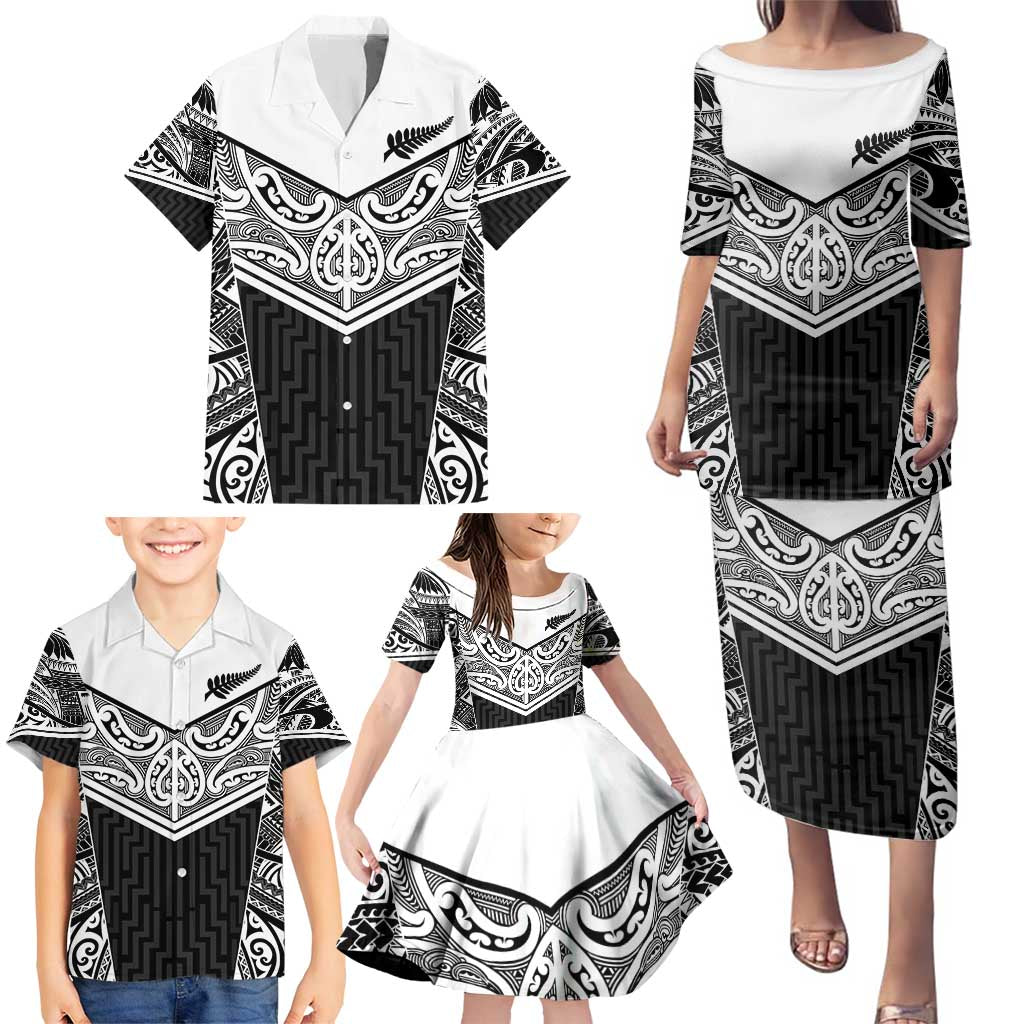 New Zealand Black Fern Custom Family Matching Puletasi and Hawaiian Shirt Maori Tukutuku Black-white Motif LT9 - Polynesian Pride