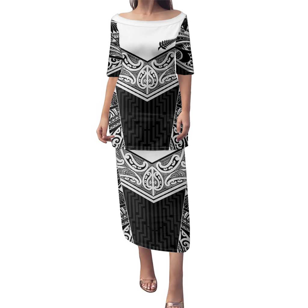 New Zealand Black Fern Custom Family Matching Puletasi and Hawaiian Shirt Maori Tukutuku Black-white Motif LT9 Mom's Dress White - Polynesian Pride