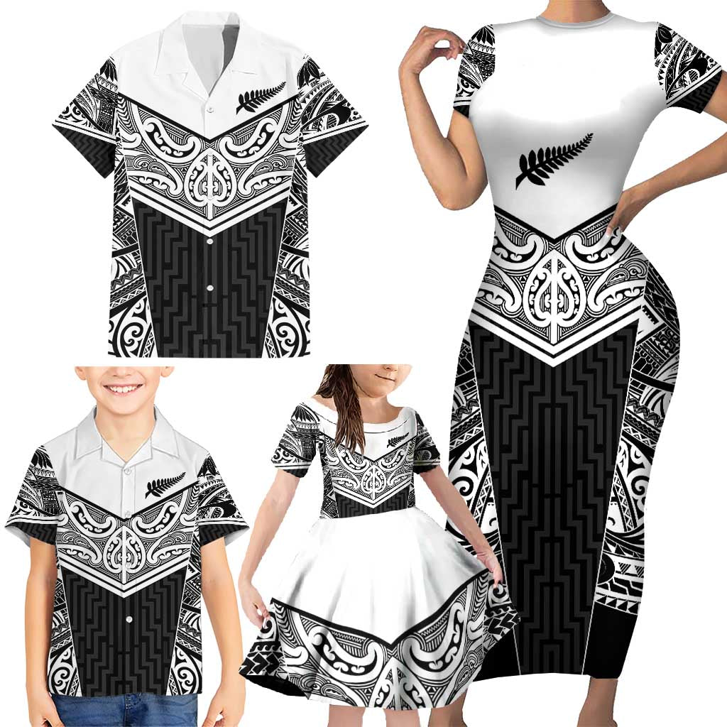 New Zealand Black Fern Custom Family Matching Short Sleeve Bodycon Dress and Hawaiian Shirt Maori Tukutuku Black-white Motif LT9 - Polynesian Pride