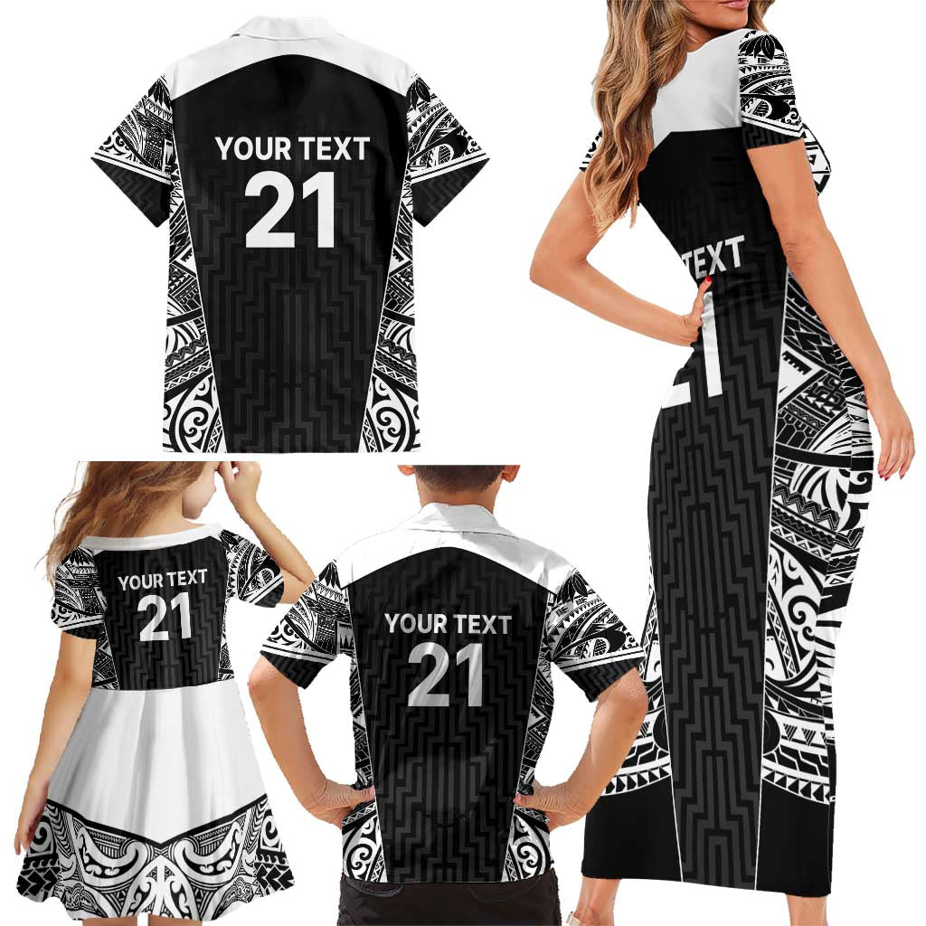 New Zealand Black Fern Custom Family Matching Short Sleeve Bodycon Dress and Hawaiian Shirt Maori Tukutuku Black-white Motif LT9 - Polynesian Pride