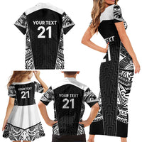 New Zealand Black Fern Custom Family Matching Short Sleeve Bodycon Dress and Hawaiian Shirt Maori Tukutuku Black-white Motif LT9 - Polynesian Pride