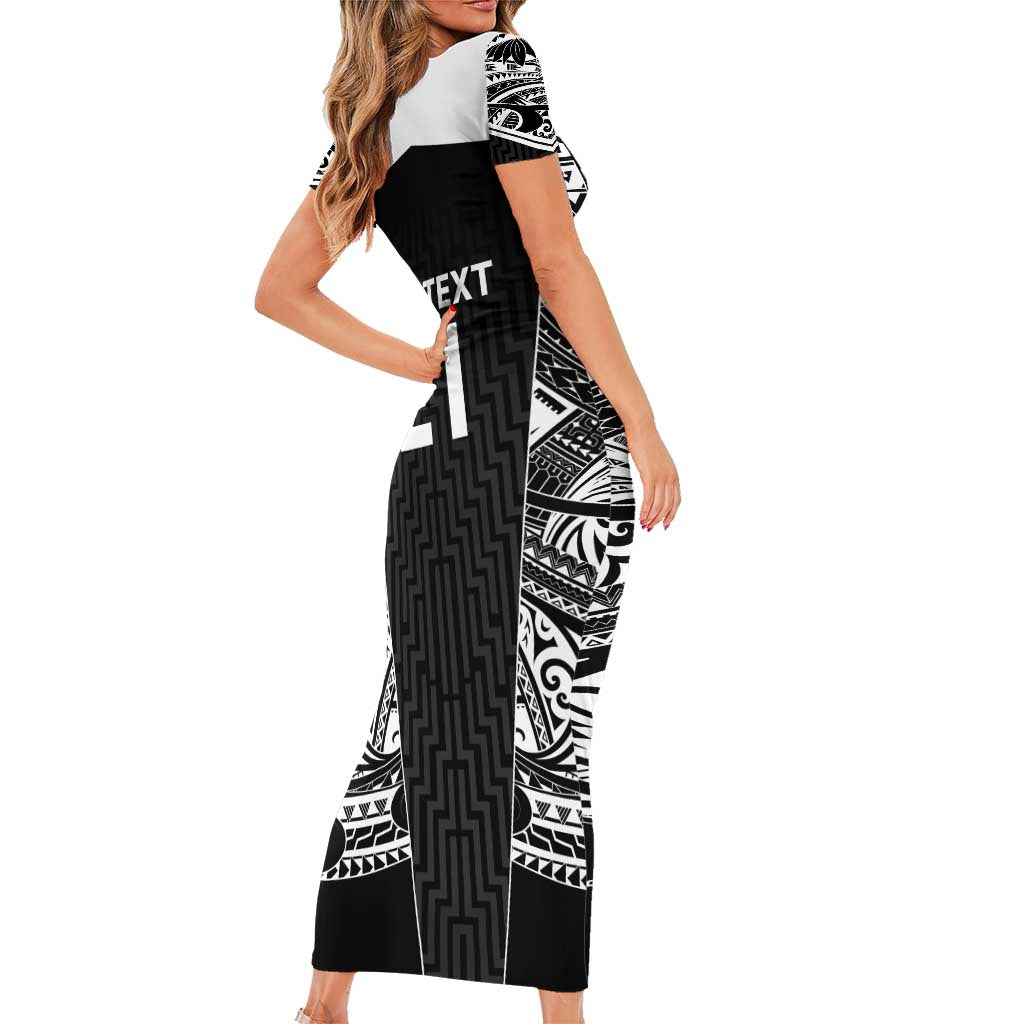 New Zealand Black Fern Custom Family Matching Short Sleeve Bodycon Dress and Hawaiian Shirt Maori Tukutuku Black-white Motif LT9 - Polynesian Pride